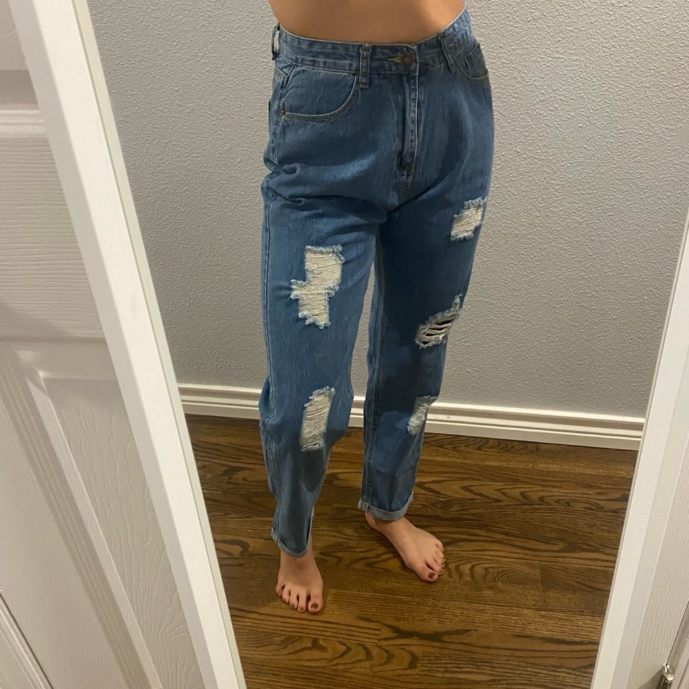 S/4  high waist/ high rise Ripped Roll Hem Mom Jeans distressed denim